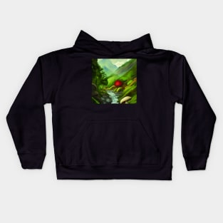 Beautiful Landscape Painting with mushrooms and mountains Kids Hoodie